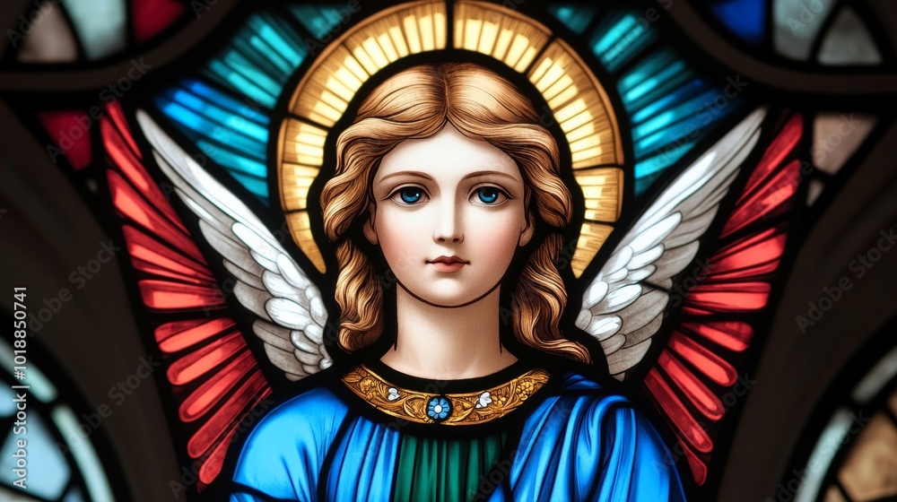 Sticker Stained glass window depicting an angel with vibrant blues, reds, and greens glowing in a church setting 