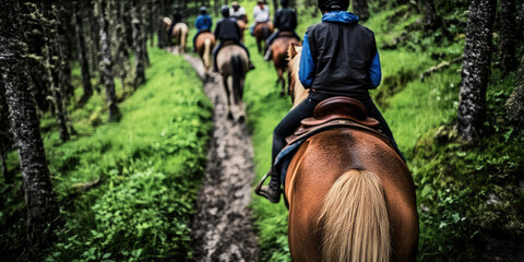 Back view of group of people on horseback navigate a narrow, lush green forest trail