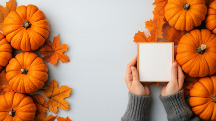 Thanksgiving mockup featuring a rustic table setting with autumn leaves, pumpkins, and a blank card for a personalized message, ready for festive branding 
