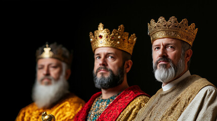 Fototapeta premium Three Kings in ornate robes, presenting gifts of gold, frankincense, and myrrh during a reenactment of the Feast of the 3 Kings 