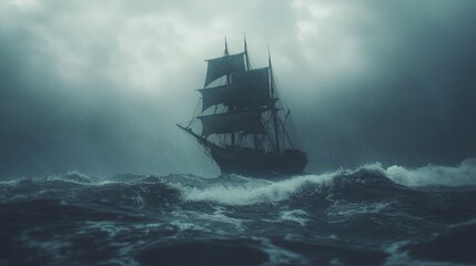 Obraz premium A majestic sailing ship navigates through a stormy sea.