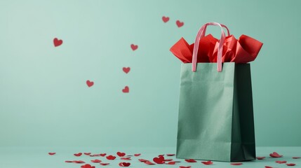 Valentine's Day gift bag mockup with space for logos or messages, filled with red tissue paper and surrounded by heart confetti 