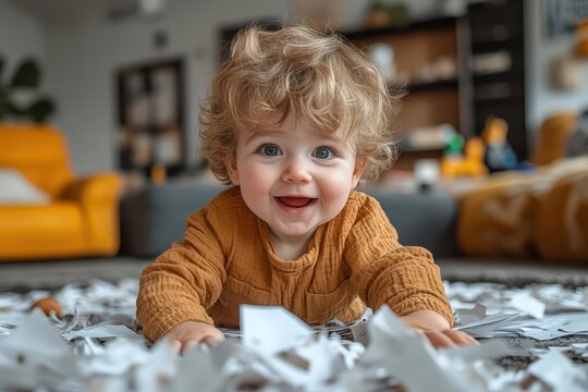 mischievous toddler boy creating cheerful chaos in living room papers flying toys scattered energetic scene captures pure childhood exuberance and playfulness