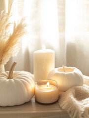On the table by the window with a white curtain there are white lighted candles and white pumpkins. Cozy autumn home photo. Warm colors and shades