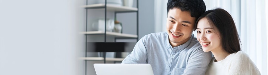 Smiling Asian couple enjoying their time together while working on a laptop.