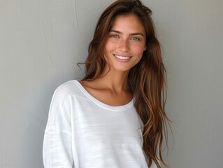 Obraz premium Smiling young woman with long hair and freckles in a white shirt.