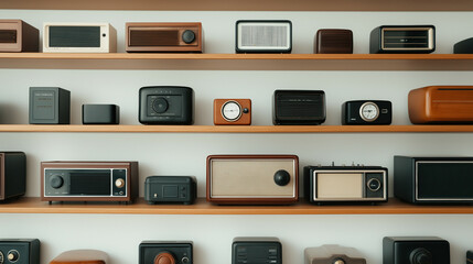 Wooden shelves filled with retro knick-knacks, from old radios to antique clocks, showcasing the charm of vintage thrifting 