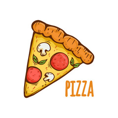 illustration of a pizza isolated on white background. pizza slice with salami,mushrooms, basil leaf and melted cheese for pizzeria package and menu designs. Flat Vector illustration.