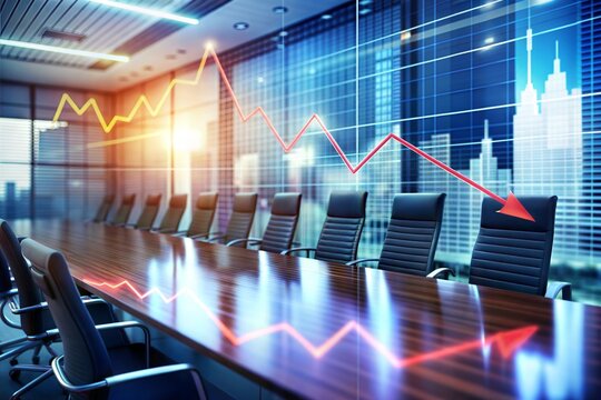 Empty conference room with downward stock market graph impacts of business recession - Powered by Adobe
