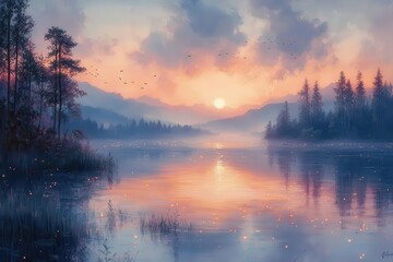 misty lake at dawn fireflies create a gentle glow above the waters surface with pastel sky reflections enhancing the dreamlike quality of the serene scene