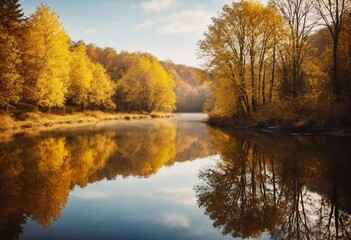 Vibrant yellow leaves create a stunning autumn display around a calm lake, with reflections mirroring the foliage on the water's surface as the day comes to a close. Generative AI