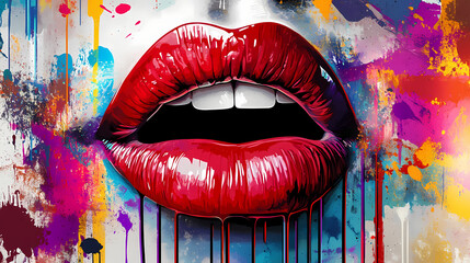 A colorful and vibrant graffiti of glossy red lips on a splattered paint background. Graffiti Drip. Illustration