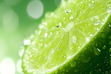 Vibrant Lime Slice with Water Droplets on Green Background