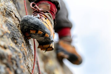 Climber's feet in mountaineering shoes gripping a rocky surface during an outdoor adventure on a clear day in the mountains