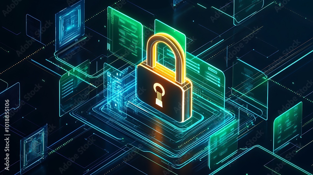 Poster a glowing padlock icon sits atop a circuit board, surrounded by digital data streams, symbolizing th