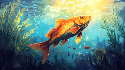 Fototapeta premium A fish is swimming in the ocean with the sun shining on it. Coral Reef Lagoon. Illustration