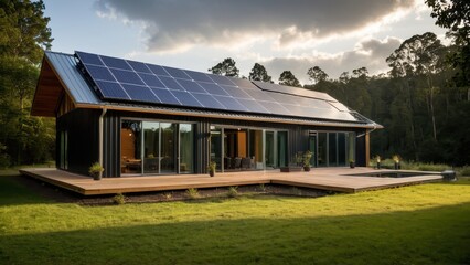 Fototapeta premium Modern energy-efficient house with large solar panels on the roof, surrounded by lush greenery. Ideal for showcasing sustainable architecture and eco-friendly living in harmony with nature