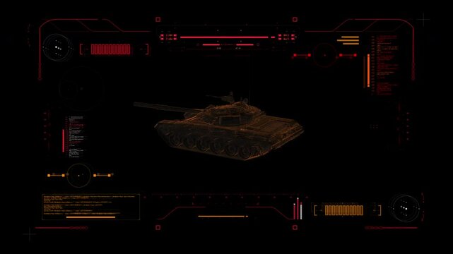 Digital Blueprint Scan of Russian Army Main Battle (MBT) T72 Ural Tank. Futuristic User Interface HUD. Military Recon 360 View. T-72B3M Ural Tank
