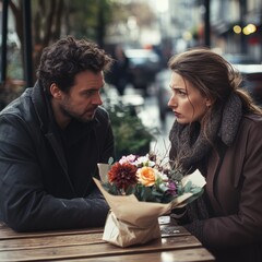 A concerned couple, sitting at an outdoor cafe, sharing an emotional moment over flowers.