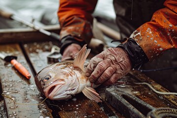 Fisherman Handling Fresh Catch on Rustic Wooden Dock for Outdoor Adventure Enthusiasts