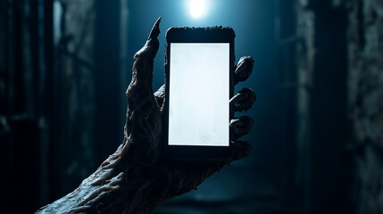 Creepy zombie monster hand holding smartphone with empty white screen. Dark background moonlight. Halloween concept. Cinematic moody scene, horror movie theme.