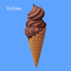 Soft serve chocolate ice cream swirl in wafer style cone. Chocolate 3d realistic vector icons. Vector illustration of swirl ice cream in waffle cone on blue color background. Sweet food for web