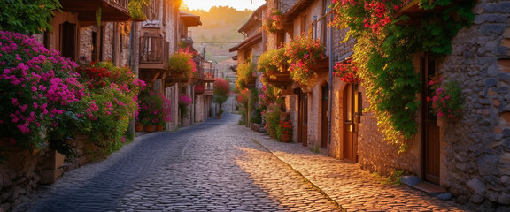 Fototapeta premium A picturesque street in a vacation destination with traditional architecture.