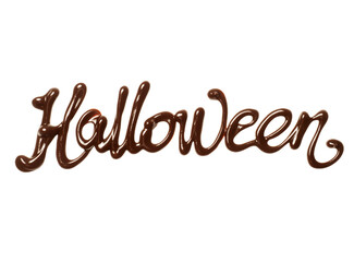 Inscription Halloween drawn with melted chocolate isolated on a white background