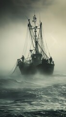 Fototapeta premium Misty Morning Fishing: Boats and Crew Hauling Nets at Sea - Ethereal Ocean Scene