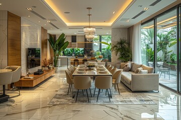 A 3D realistic model of a contemporary dining room.