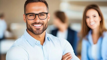 Obraz premium A cheerful young male employee with glasses enjoying a moment at his office workstation while his team collaborates in the background