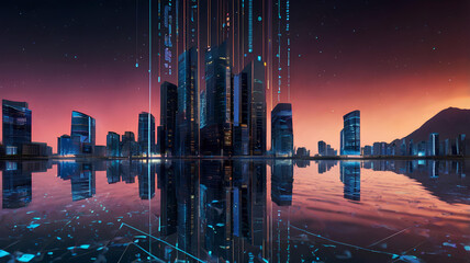 Futuristic city at night with binary code. 3d rendering