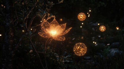 A delicate flower intertwined with glowing orbs of light in a dark forest, creating an enchanting atmosphere