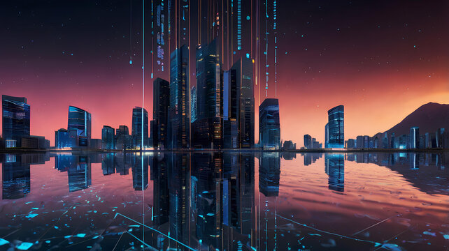Futuristic city at night with binary code. 3d rendering