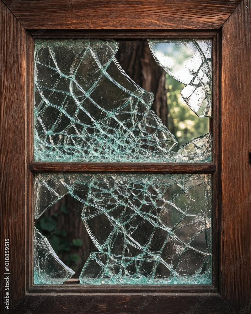 Wall mural Smashed glass window in an old wooden frame with finely broken glass and a cracked frame showcasing retro elements and pieces of glass in a close up view providing space for text relevant to horror