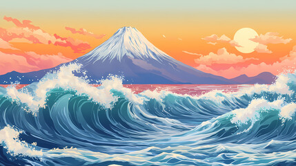 A traditional japanese woodblock print showing the flow of nervous impulses as waves in the ocean, with a mount fuji backdrop 3d illustration. Woodblock Print. Illustration