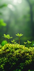 A close-up view of vibrant moss and delicate sprouts on a forest floor with misty ambiance and soft lighting