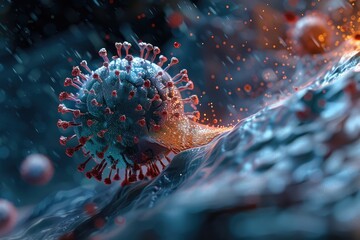 Microscopic view of a virus with spikes, rendered in vibrant colors.  A visual representation of the microscopic world.