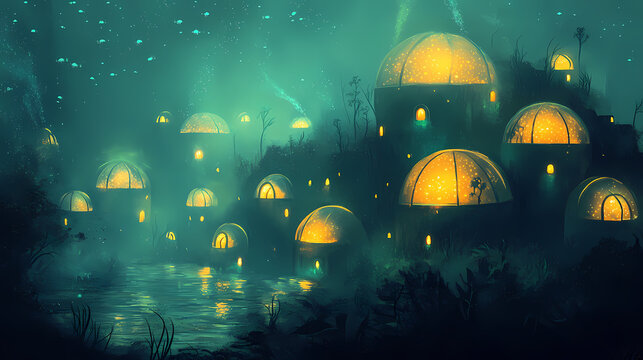A hidden underwater city, its domed structures glowing with bioluminescent light. underwater city. illustration. Glowing Bioluminescence. Illustration