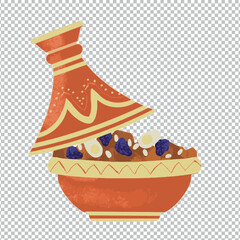 Illustration plat tajine viande pruneaux amandes terre cuite vecteur