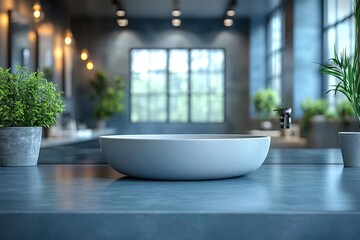 Fototapeta premium modern bathroom featuring a blue empty countertop blurred background this stylish interior serves as a perfect mockup for showcasing beauty products in a clean and elegant space