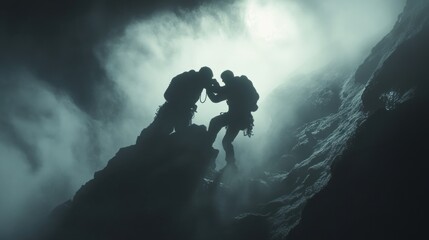 Two people helping and supporting each other to reach the top of the mountain, the concept of cooperation between colleagues and friends to achieve the same goal.