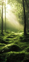 Fototapeta premium A tranquil forest floor blanketed in moss with gentle mist and ethereal light filtering through the tall trees