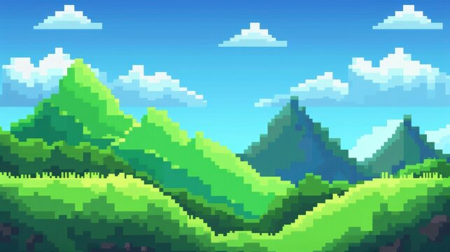 8-Bit Pixelated Landscape: Green Hills and Blue Sky for Gaming Posters and Ads