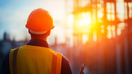 Male builder in a hard hat on the background of a construction site. Worker with helmet outdoors. Concept of hard work and craftsmanship. Construction, repair