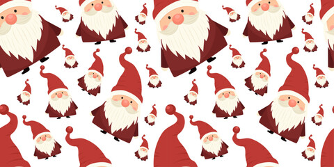 Christmas pattern with cute gnome Santa on white isolated background. Vector funny gnomes - traditional symbols of family holiday Christmas. For holiday decor, prints, gift paper.
