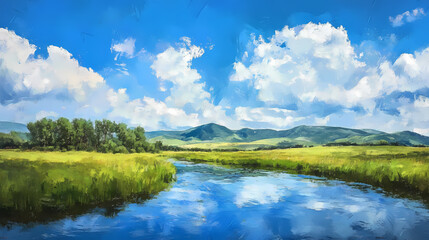 Obraz premium A serene landscape with a flowing river, lush green meadows, majestic mountains in the background, and a clear blue sky above, impressionist art. Impressionist Sky. Illustration