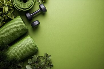 Fitness equipment on a green mat in a home workout setting during the day