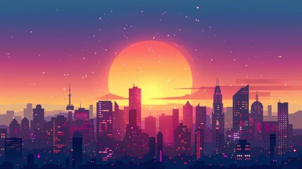 Vibrant Vector City Skyline at Sunset with Stunning Orange and Purple Gradient Sky