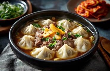 Nourishing dumpling soup with tender beef and vibrant vegetables served in a bowl